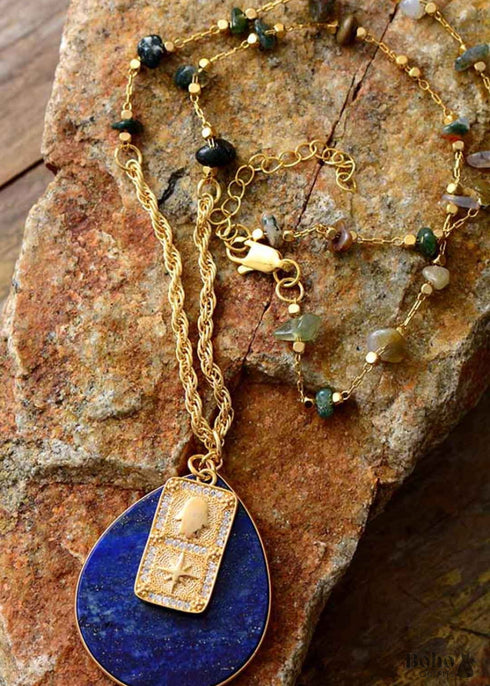 Boho Necklace, Teardrop Lapis Luzuli Gold Chain Onyx Pendant